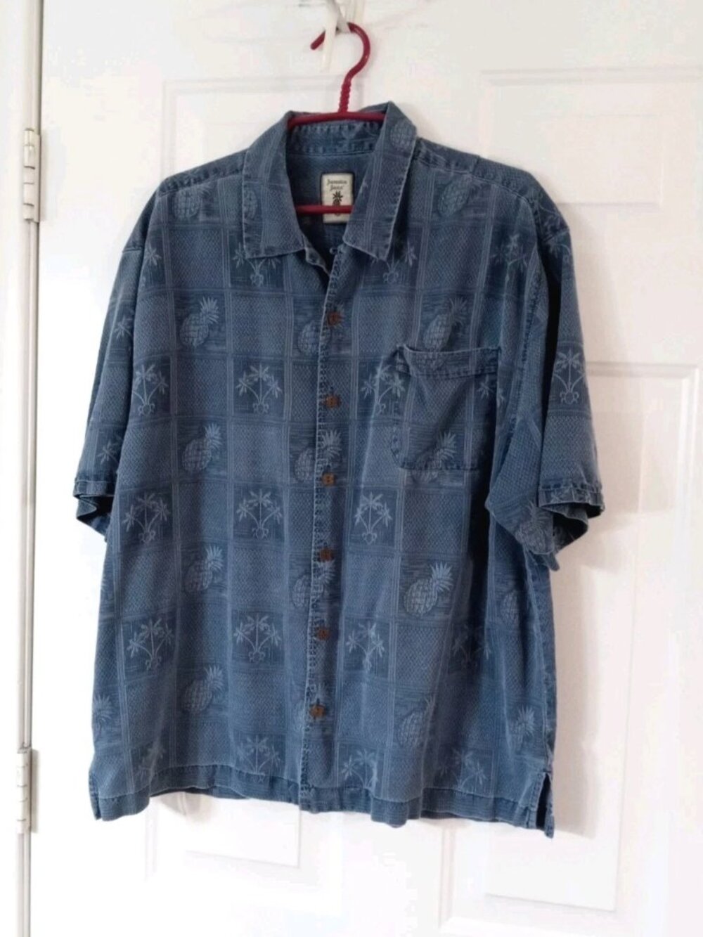 Jamaica Jaxx Men's XL 100% Silk Short Sleeve Blue Jacquar Floral Hawaiian Shirt